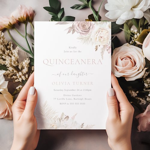 Blush  Ivory Floral Quinceanera Party Celebration Invitation