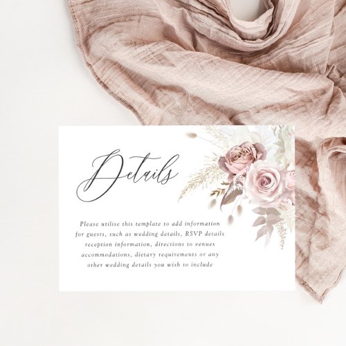 Blush  Ivory Floral Wedding Details Enclosure Card
