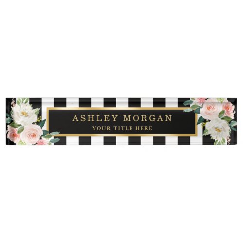 Blush Ivory Floral with Gold Black White Stripes Desk Name Plate