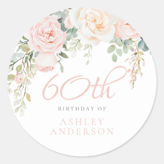 Blush & Ivory Flowers 60th Birthday Party Classic Round Sticker