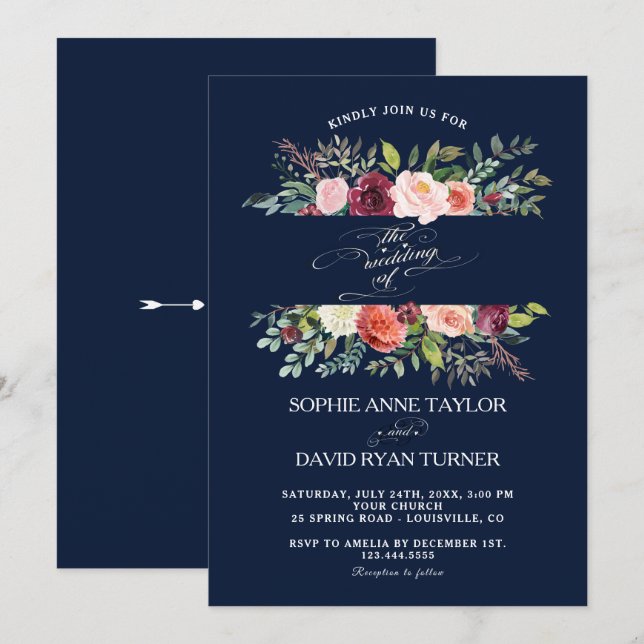 Blush Ivory Flowers Frame Burgundy Wedding Invitation (Front/Back)