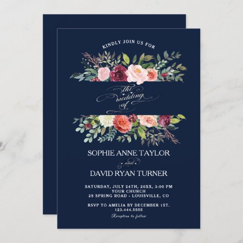 Blush Ivory Flowers Frame Burgundy Wedding Invitation