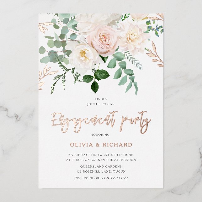Blush & Ivory Flowers Rose Gold Engagement Party Foil Invitation (Front)
