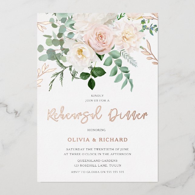 Blush & Ivory Flowers Rose Gold Rehearsal Dinner Foil Invitation (Front)