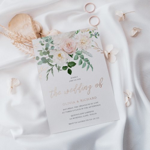 Blush  Ivory Flowers Rose Gold Wedding Foil Invitation