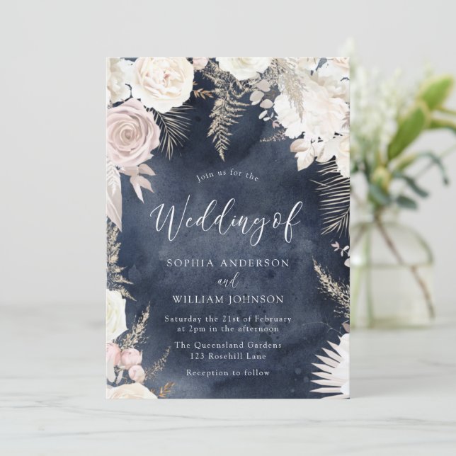 Blush Ivory & Navy Watercolor Splash Boho Wedding Invitation (Standing Front)