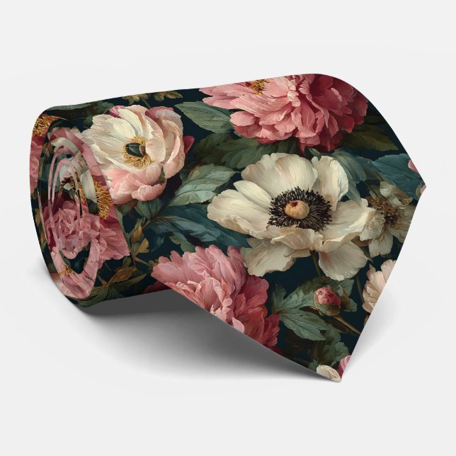 Blush & Ivory Peony Floral Garden Wedding Neck Tie (Rolled)