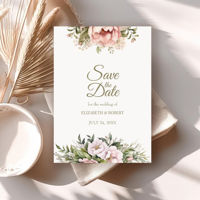 Blush & Ivory Peony Save the Date Invitation (Soft Peach and Blush Floral Save The Date Invitation on a neutral boho wedding table.)