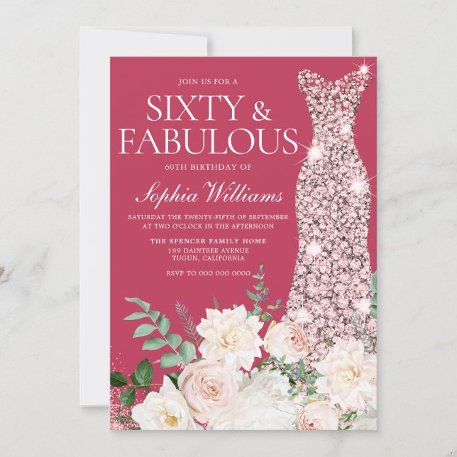 Blush & Ivory, Rose Gold & Magenta 60th Birthday Invitation (Front)