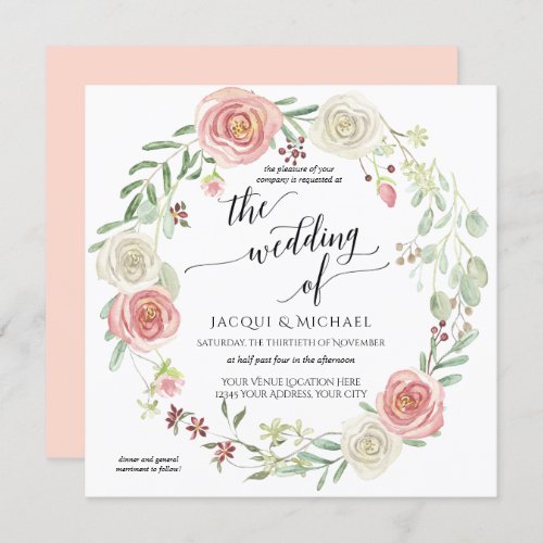 Blush Ivory Rose Wreath Foliage Wedding Watercolor Invitation