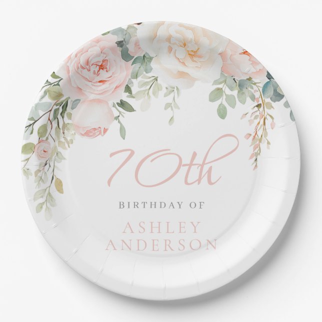 Blush & Ivory Womans 70th Birthday Celebration Paper Plates (Front)