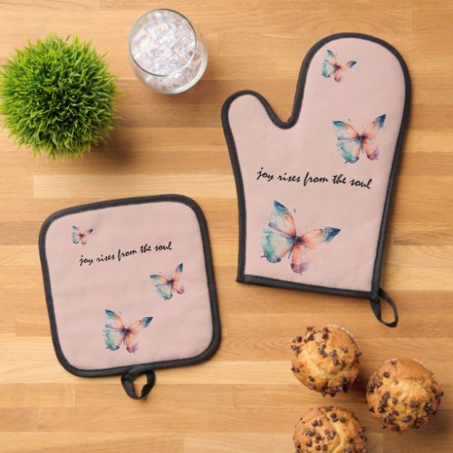 Blush Joy Rises from the Soul Butterfly  Oven Mitt  Pot Holder Set