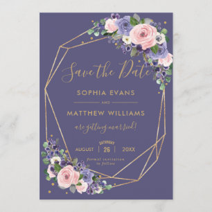 Blush Lavender Floral Gold Geometric Save the Date Invitation