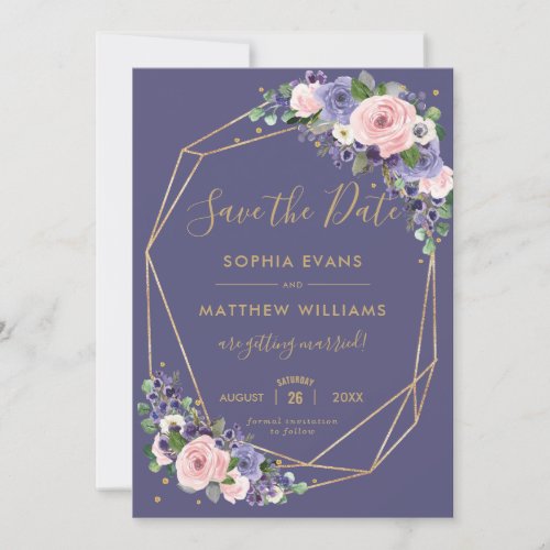 Blush Lavender Floral Gold Geometric Save the Date Invitation