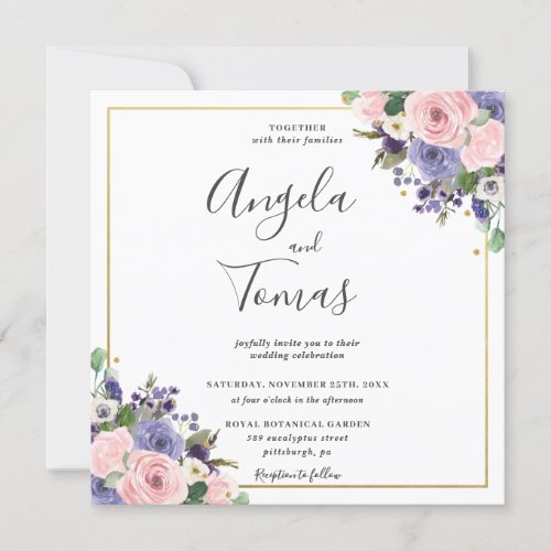 Blush Lavender Floral Greenery Wedding Gold Square Invitation
