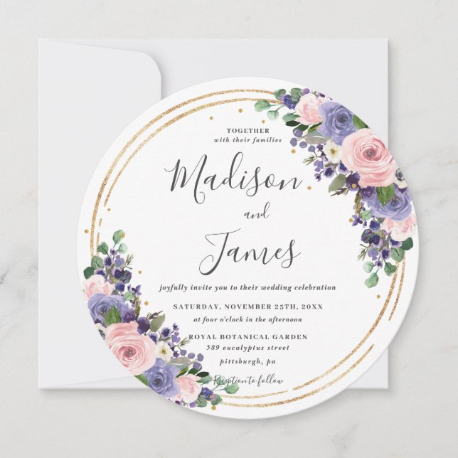 Blush Lavender Floral Wedding Gold Glitter Circle Invitation (Front)