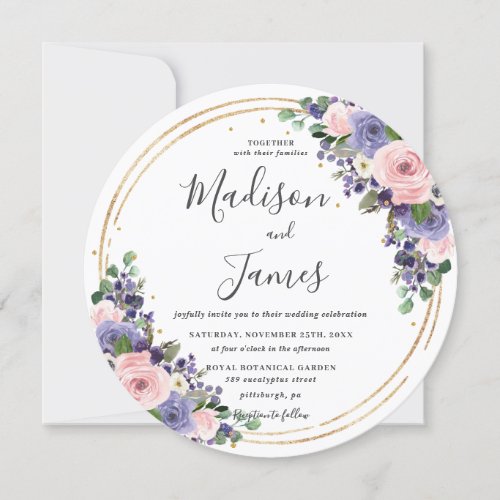 Blush Lavender Floral Wedding Gold Glitter Circle Invitation