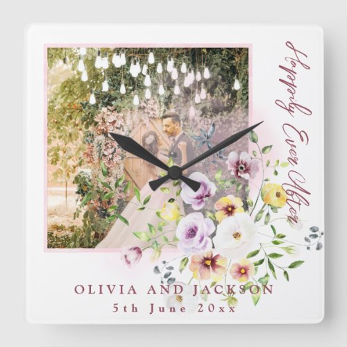 Blush Lavender Purple Floral Happily Ever After  Square Wall Clock