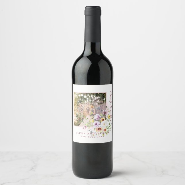 Blush Lavender Purple Floral Happily Ever After  Wine Label (Front)