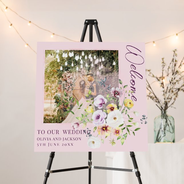 Blush Lavender Purple Floral Wedding Welcome PINK  Foam Board (In Situ (Stand))