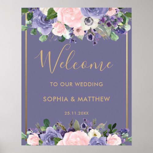 Blush Lavender Purple Floral Wedding Welcome Sign
