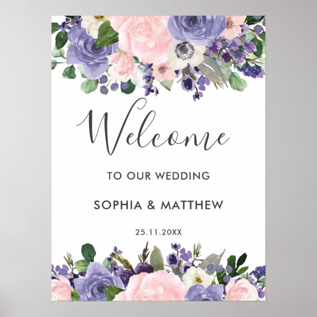Blush Lavender Purple Floral Wedding Welcome Sign (Front)