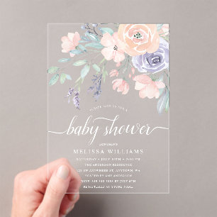 Blush Lavender Watercolor Floral Girl Baby Shower Acrylic Invitations