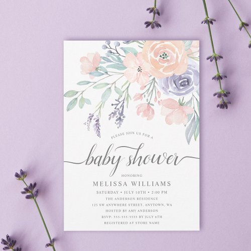 Blush Lavender Watercolor Floral Girl Baby Shower Invitation