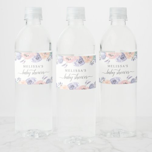 Blush Lavender Watercolor Floral Girl Baby Shower Water Bottle Label