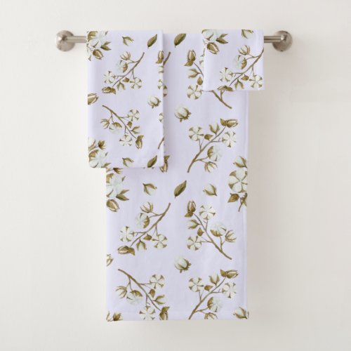 Blush Lavender White Cotton Boll Stem Watercolour Bath Towel Set