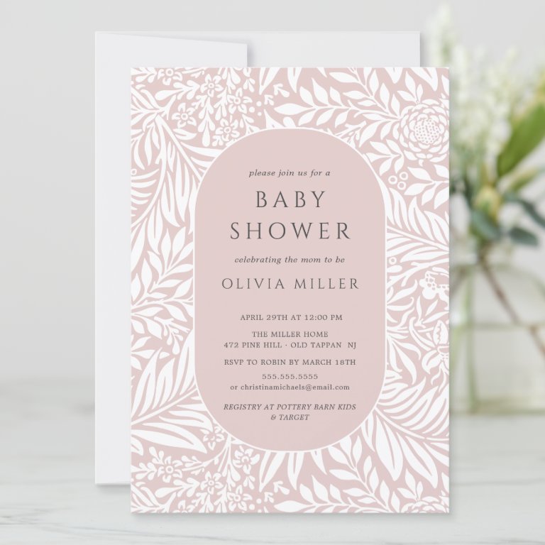 Blush Leaf Floral Baby Shower Invitation