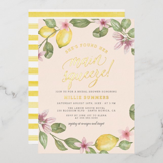 Blush | Lemon Wreath Main Squeeze Bridal Shower Foil Invitation (Front/Back)