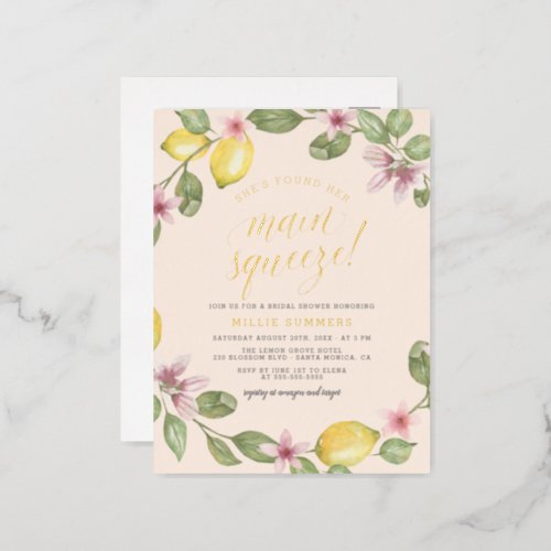 Blush  Lemon Wreath Main Squeeze Bridal Shower Foil Invitation Postcard