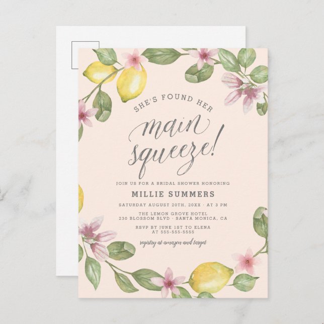 Blush | Lemon Wreath Main Squeeze Bridal Shower Invitation Postcard (Front/Back)