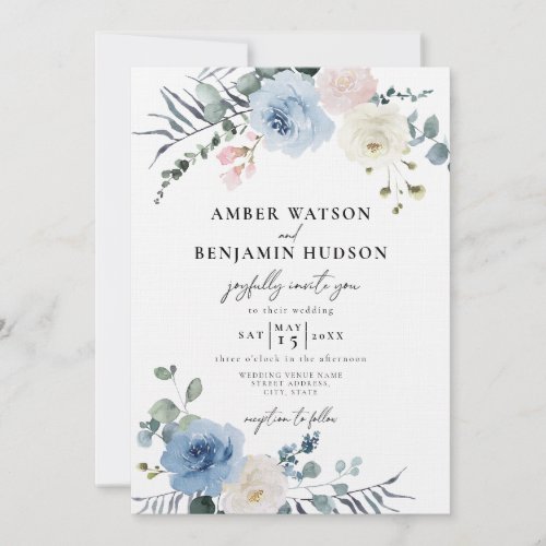 Blush Light Blue Beach Tropical Floral Wedding Invitation