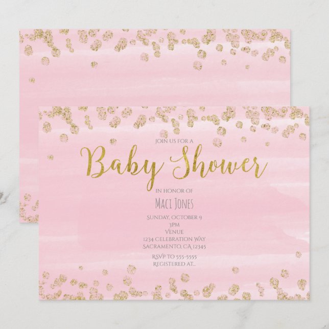 Blush Light Pink & Gold Baby Shower Invitations (Front/Back)