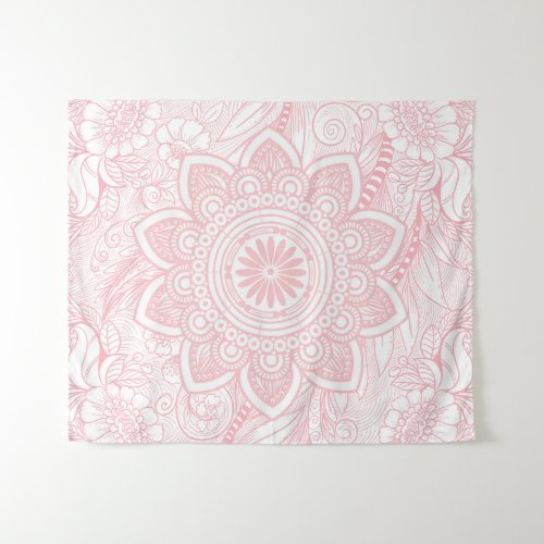 Blush Light Pink Mandala with Floral Pattern Tapestry