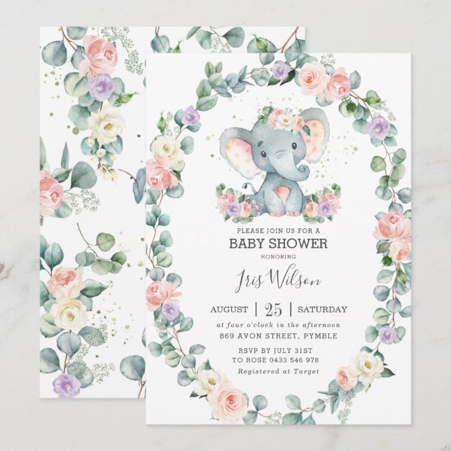 Blush Lilac Floral Greenery Elephant Baby Shower Invitation (Front/Back)