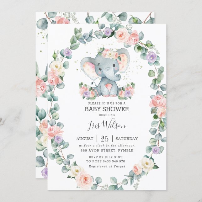 Blush Lilac Floral Greenery Elephant Baby Shower Invitation (Front/Back)