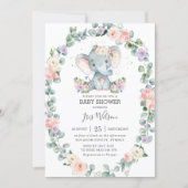 Blush Lilac Floral Greenery Elephant Baby Shower Invitation (Front)