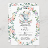 Blush Lilac Floral Greenery Elephant Baby Shower Invitation
