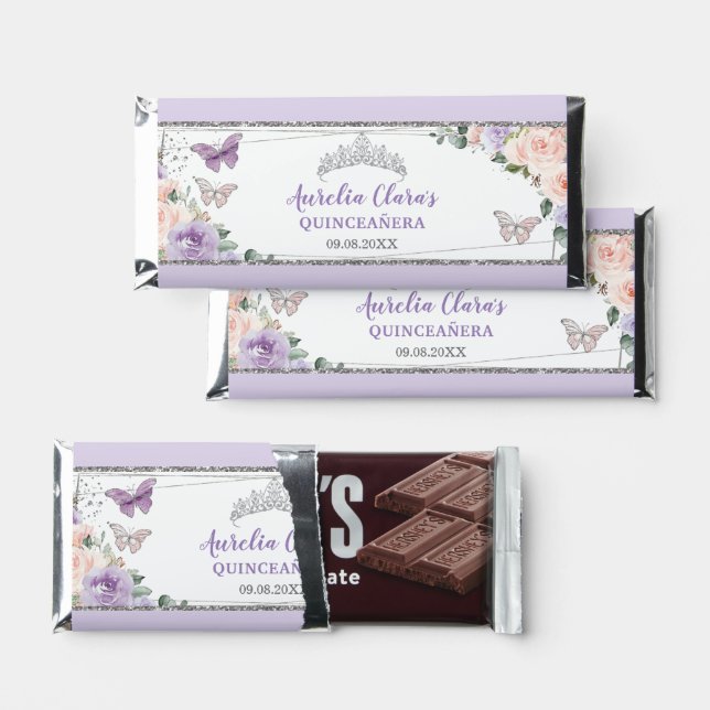 Blush Lilac Floral Silver Quinceañera Sweet 16 XV Hershey Bar Favors (Front)