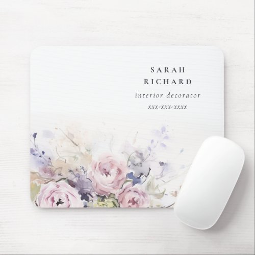 Blush Lilac Watercolor Rose Floral Bunch Business Mouse Pad
