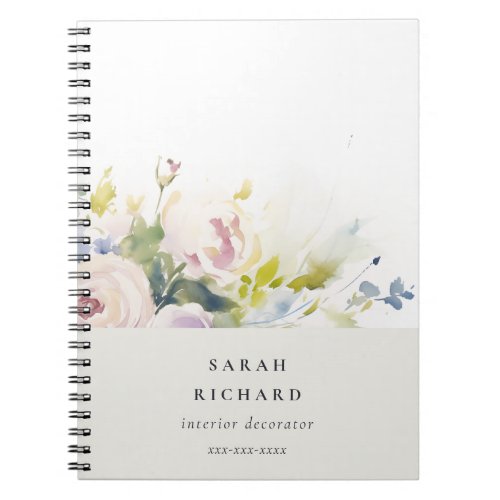 Blush Lilac Watercolor Rose Floral Bunch Business Notebook