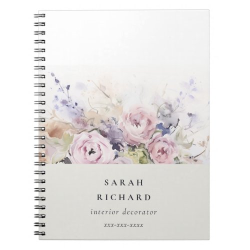 Blush Lilac Watercolor Rose Floral Bunch Business Notebook