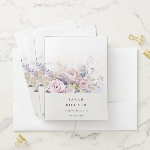 Blush Lilac Watercolor Rose Floral Bunch Business Pocket Folder