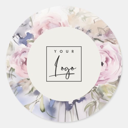 Blush Lilac Watercolor Rose Floral Logo Business Classic Round Sticker