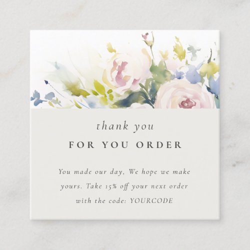 Blush Lilac Watercolor Rose Floral Thank You Order Square Business Card