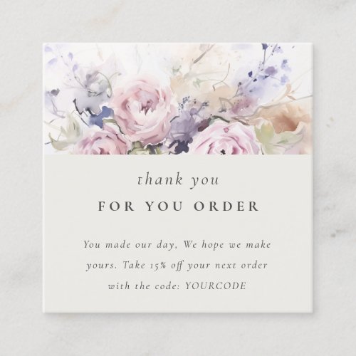 Blush Lilac Watercolor Rose Floral Thank You Order Square Business Card