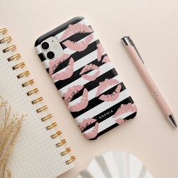 Blush Lip Print Kisses Black &amp; White Stripe Case-Mate iPhone 14 Case